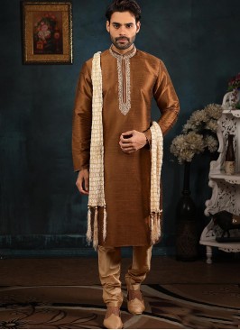 Wedding Function Wear Coffee Color Embroidered Kurta Pajama
