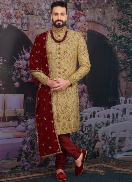 Wedding Function Wear Gold Color Designer Sherwani