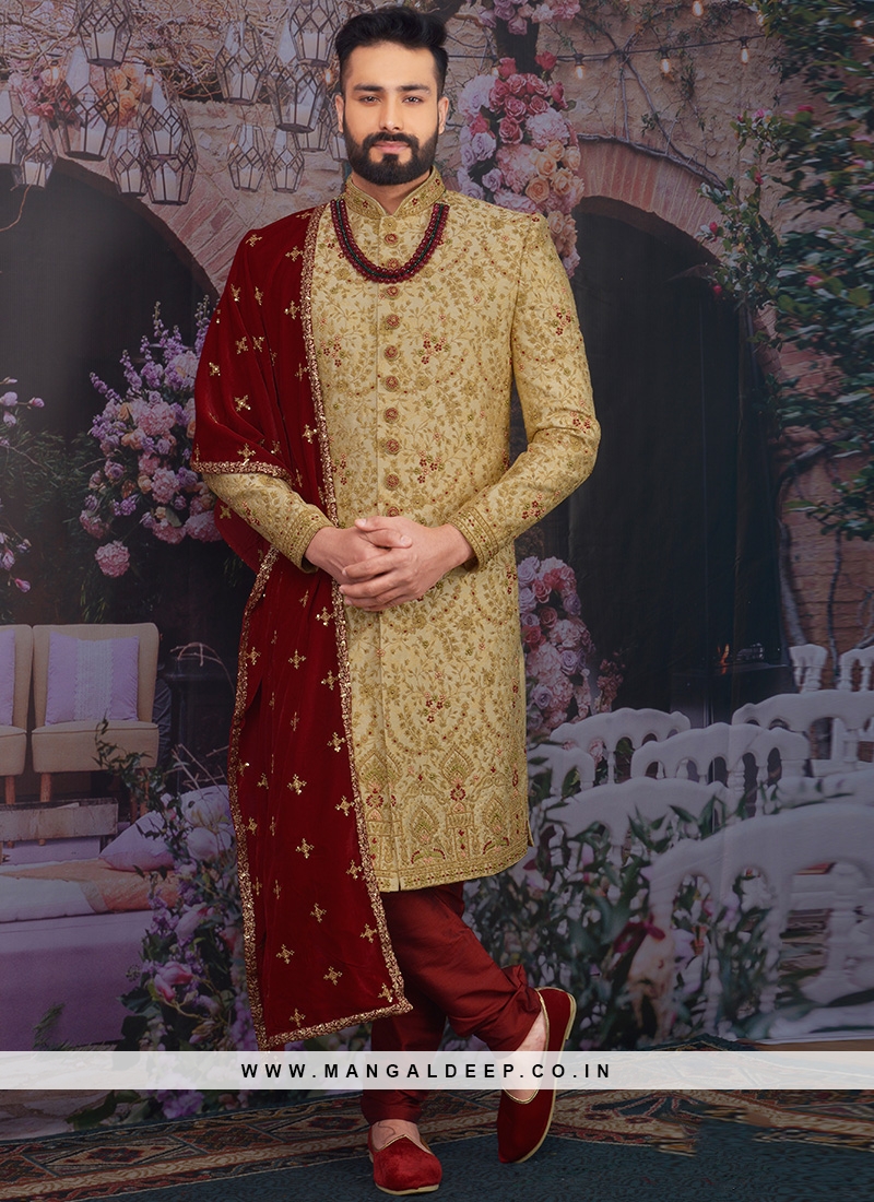Wedding Function Wear Gold Color Designer Sherwani For Men