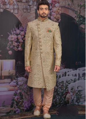 Wedding Function Wear Gold Color Designer Sherwani For Men