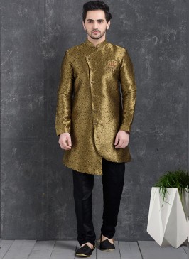 Wedding Function Wear Gold Color Indo Western Kurta Pajama