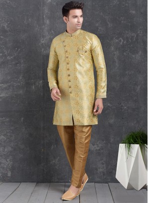 Wedding Function Wear Gold Color Indo Western Kurta Pajama