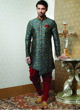 Wedding Function Wear Green Color Indo Western Kurta Pajama