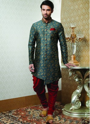 Wedding Function Wear Green Color Indo Western Kurta Pajama