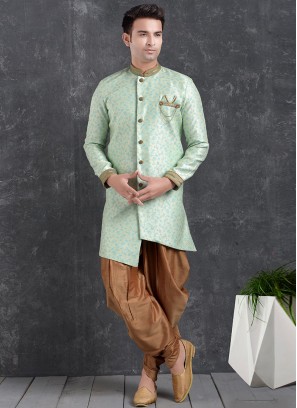 Wedding Function Wear Green Color Indo Western Kurta Pajama