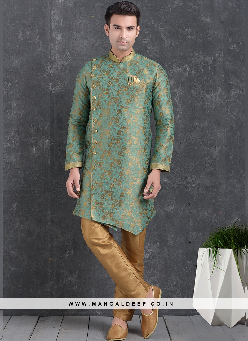 Wedding Function Wear Green Color Indo Western Kurta Pajama