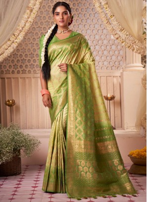 Wedding Function Wear Green Color Raw Silk Saree