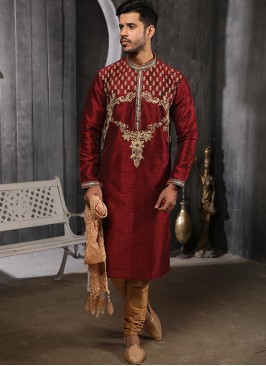 Wedding Function Wear Maroon Color Embroidered Kurta Pajama