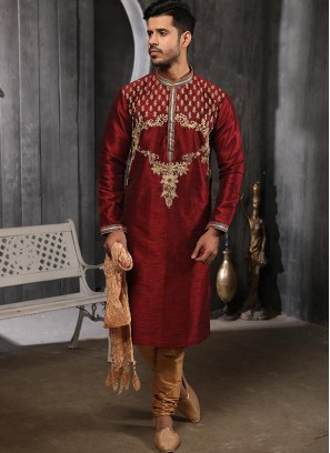 Wedding Function Wear Maroon Color Embroidered Kurta Pajama