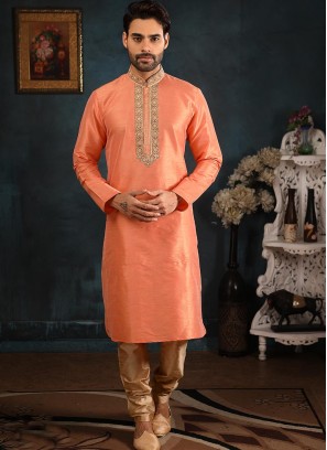 Wedding Function Wear Peach Color Embroidered Kurta Pajama