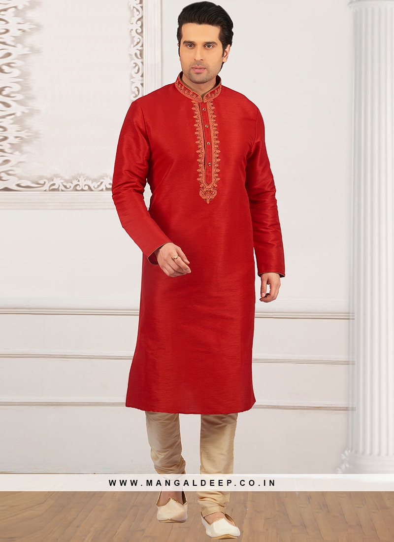 Wedding Function Wear Red Color Kurta Payjama