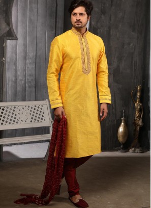 Wedding Function Wear Yellow Color Embroidered Kurta Pajama