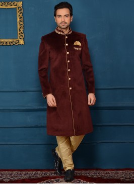 Wedding Wear Alluring Indo Western In Wine Velvet Fabric