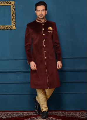 Wedding Wear Alluring Indo Western In Wine Velvet Fabric