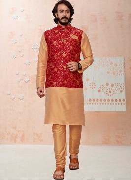 Wedding Wear Cream And Red Color Kurta Jacket