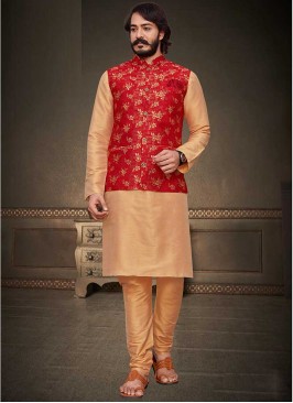 Wedding Wear Cream And Red Kurta Jacket