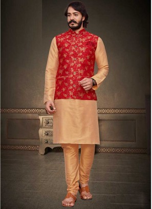 Wedding Wear Cream And Red Kurta Jacket