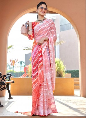 Weight Less Stripe Print Contemporary Style Saree in Peach