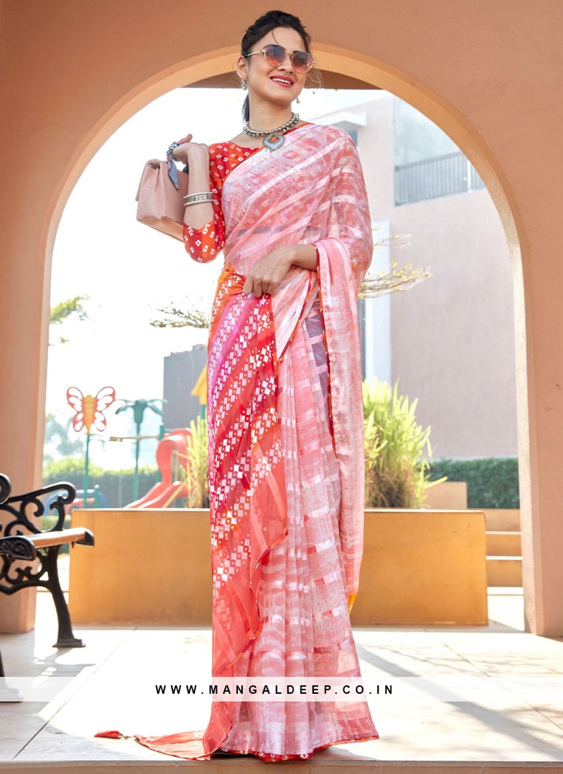 Weight Less Stripe Print Contemporary Style Saree in Peach
