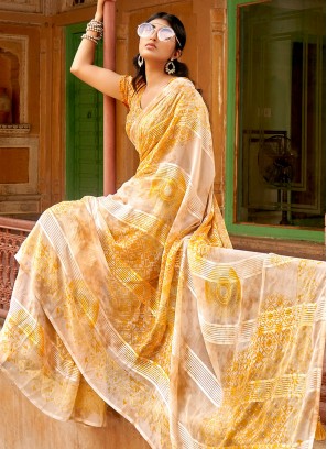 Weight Less Yellow Abstract Print Contemporary Saree