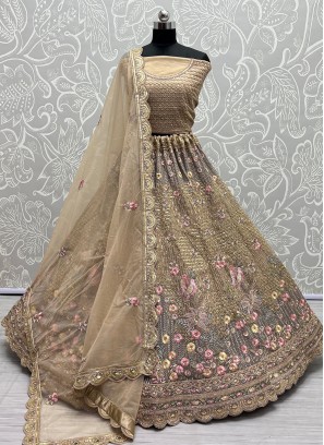 Whimsical Cream Net A Line Lehenga Choli