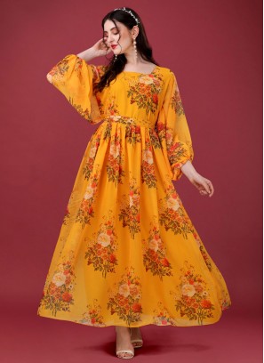Whimsical Digital Print Orange Gown 