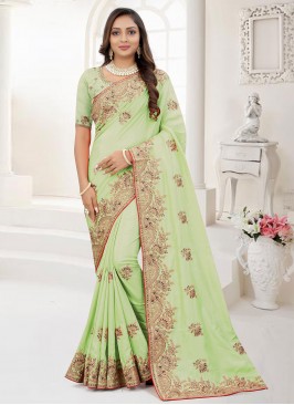 Whimsical Green Embroidered Silk Classic Saree