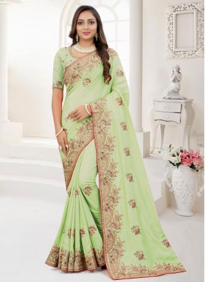 Whimsical Green Embroidered Silk Classic Saree