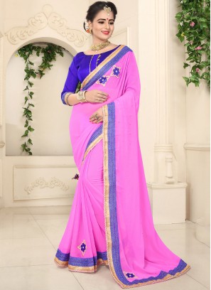 Whimsical Pink Patch Border Faux Chiffon Classic Saree