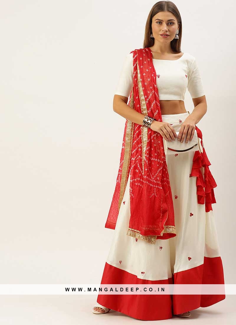 White And Red Color Cotton Lehenga