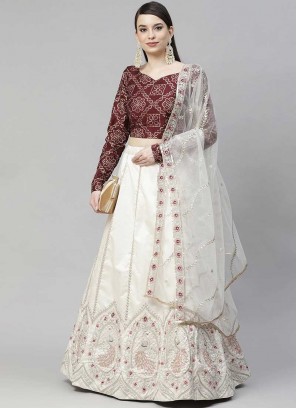 White And Wine Color Silk Lehenga