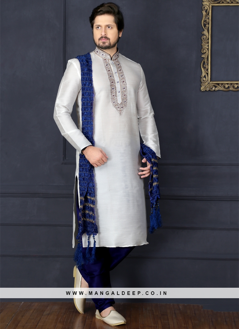 White Art Banarasi Silk Kurta Pajama
