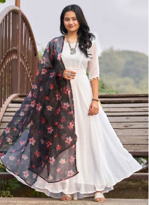 White Butta Faux Georgette Designer Gown