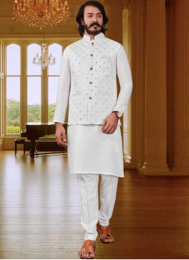 White Color Art Silk Kurta Jacket Set