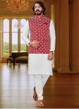 White Color Art Silk Kurta Jacket Set