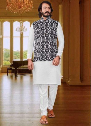 White Color Art Silk Mens Kurta Jacket Set