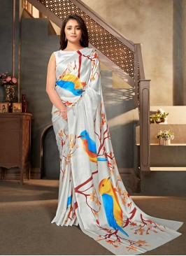 White Color Bird Print Saree