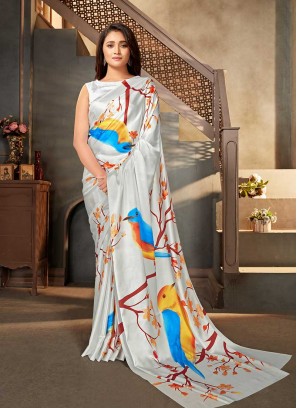 White Color Bird Print Saree