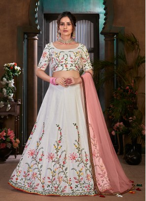 White Color Cotton Thread Embroideered Lehenga