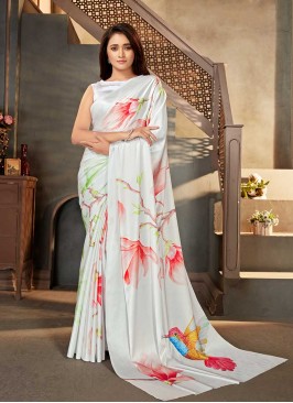 White Color Digital Printed Saree