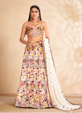 White Color Floral Design Thread Work Lehenga