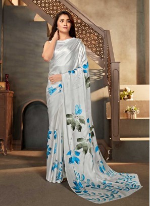 White Color Flower Print Saree