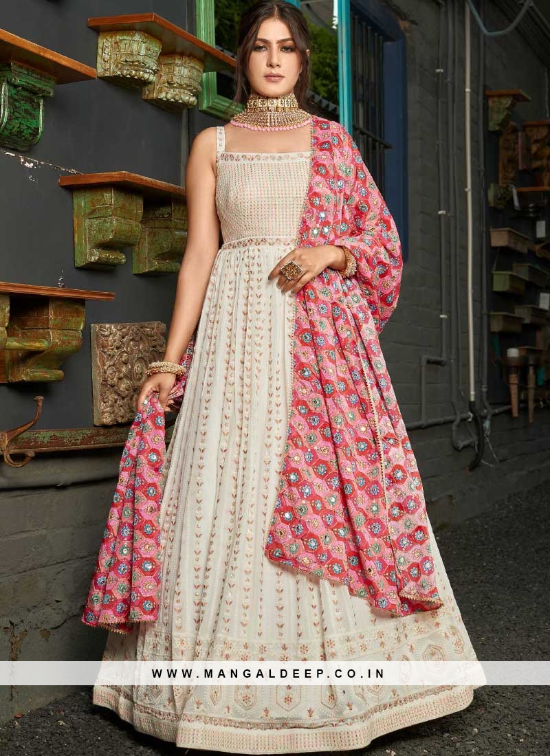 Red-Flared Bandhani Digital Printed Georgette Anarkali Gown | Exotic India  Art