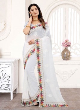White Color Georgette Embroidered Work Saree