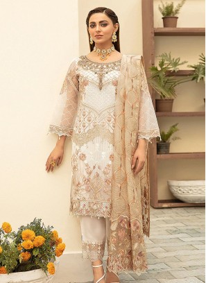 White Color Georgette Heavy Multy Thred Semi Stitched Suits
