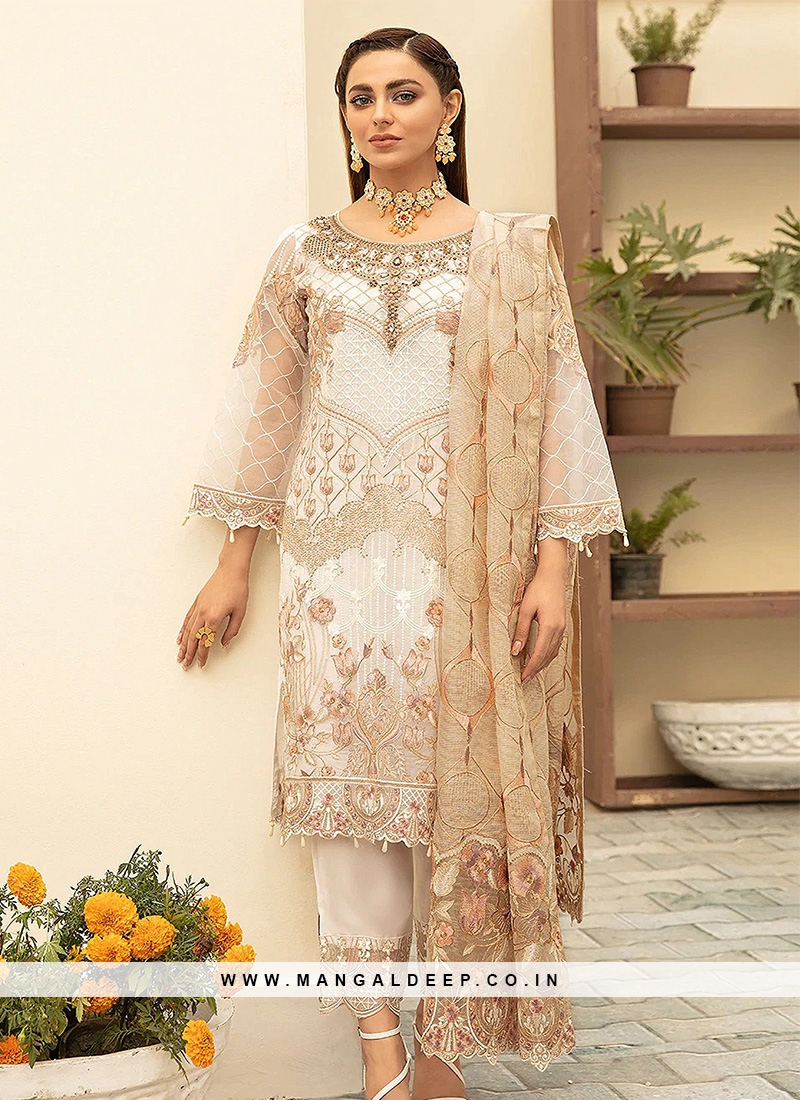 White Color Georgette Heavy Multy Thred Semi Stitched Suits