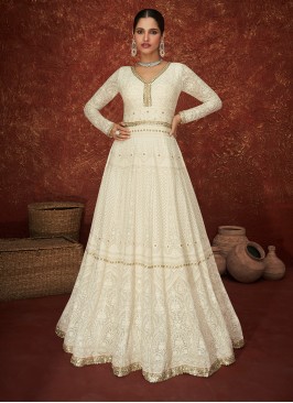 White Color Georgette Lucknowi Work Anarkali Suit