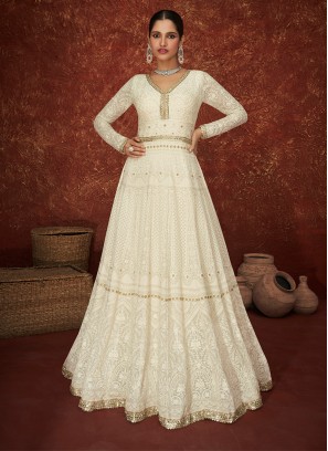 White Color Georgette Lucknowi Work Anarkali Suit