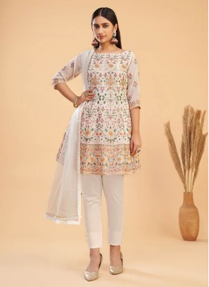 White Color Georgette Thread Embroidered Suit