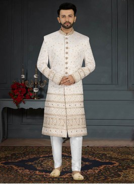 White Color Jacquard Silk Wedding Sherwani